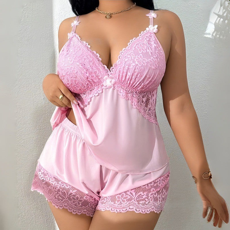 Conjunto de Lingerie Feminina Plus Size Sexy de Seda Gelada com Decote em V e Re