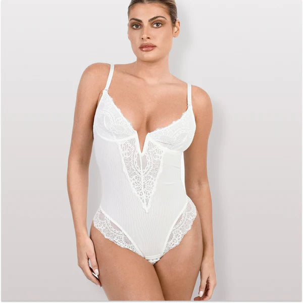 Body Feminino Renda Sensual Decote V - Shapewear Modelador Cintura de Fada