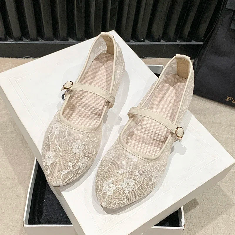 Hxprnoetxy Sapatilhas Bailarina Elegantes de Bico Quadrado em Renda com Laço, em Tela, Respiráveis, Transparentes, para Mulher