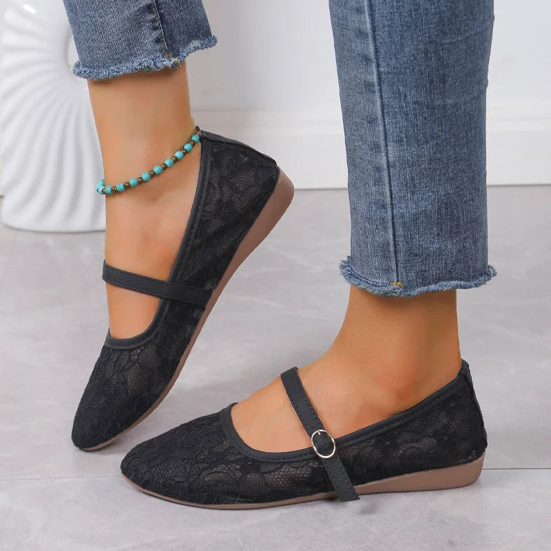Hxprnoetxy Sapatilhas Bailarina Elegantes de Bico Quadrado em Renda com Laço, em Tela, Respiráveis, Transparentes, para Mulher