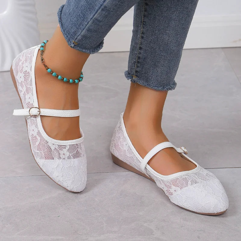 Hxprnoetxy Sapatilhas Bailarina Elegantes de Bico Quadrado em Renda com Laço, em Tela, Respiráveis, Transparentes, para Mulher