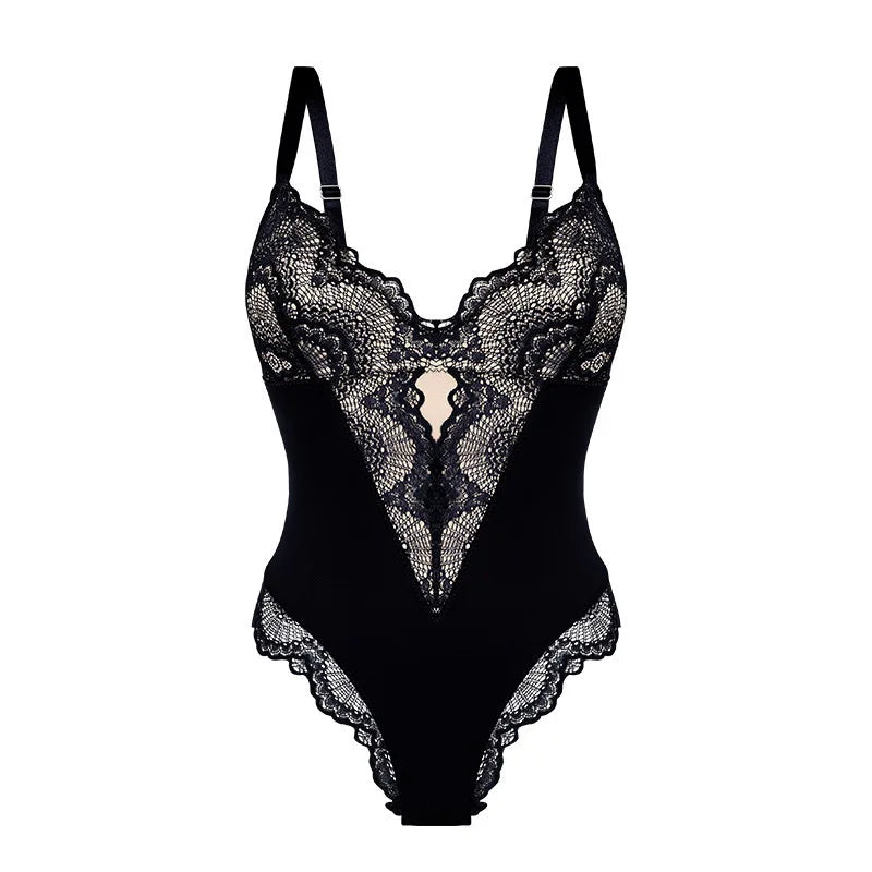 Body Feminino Renda Sensual Decote V - Shapewear Modelador Cintura de Fada