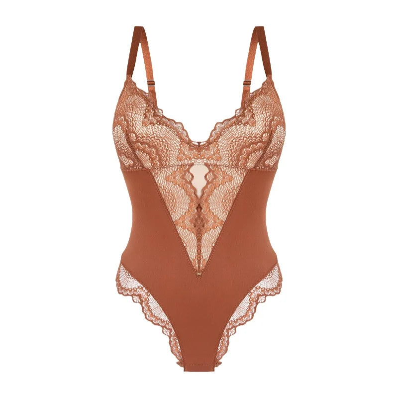 Body Feminino Renda Sensual Decote V - Shapewear Modelador Cintura de Fada