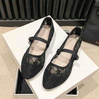 Hxprnoetxy Sapatilhas Bailarina Elegantes de Bico Quadrado em Renda com Laço, em Tela, Respiráveis, Transparentes, para Mulher