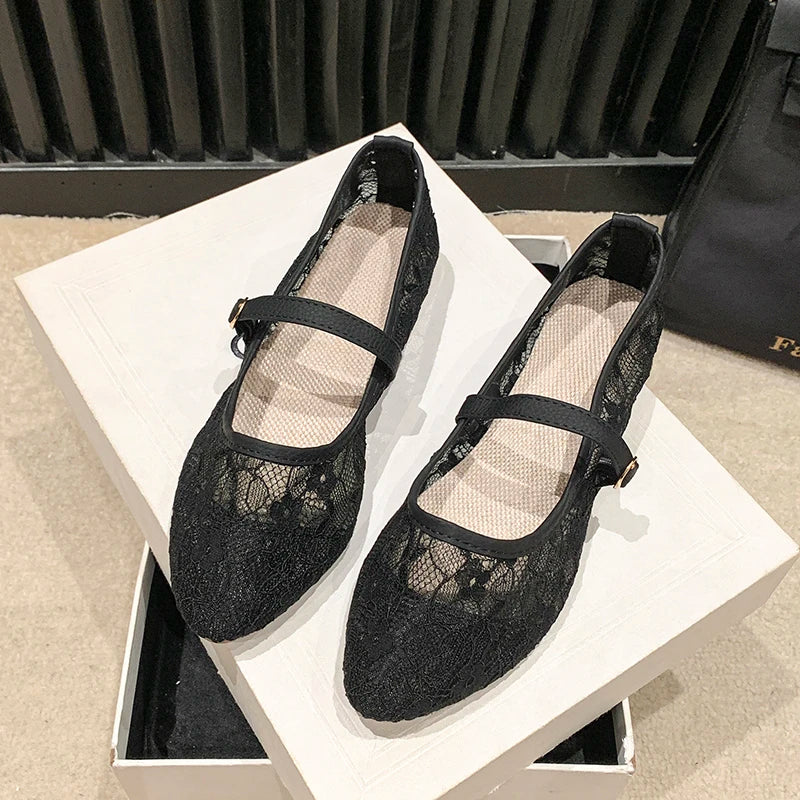 Hxprnoetxy Sapatilhas Bailarina Elegantes de Bico Quadrado em Renda com Laço, em Tela, Respiráveis, Transparentes, para Mulher