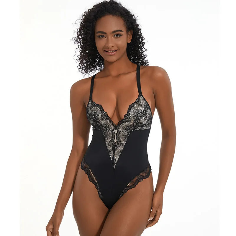 Body Feminino Renda Sensual Decote V - Shapewear Modelador Cintura de Fada