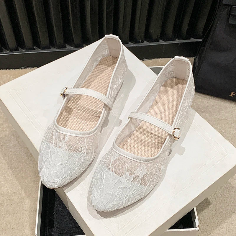 Hxprnoetxy Sapatilhas Bailarina Elegantes de Bico Quadrado em Renda com Laço, em Tela, Respiráveis, Transparentes, para Mulher