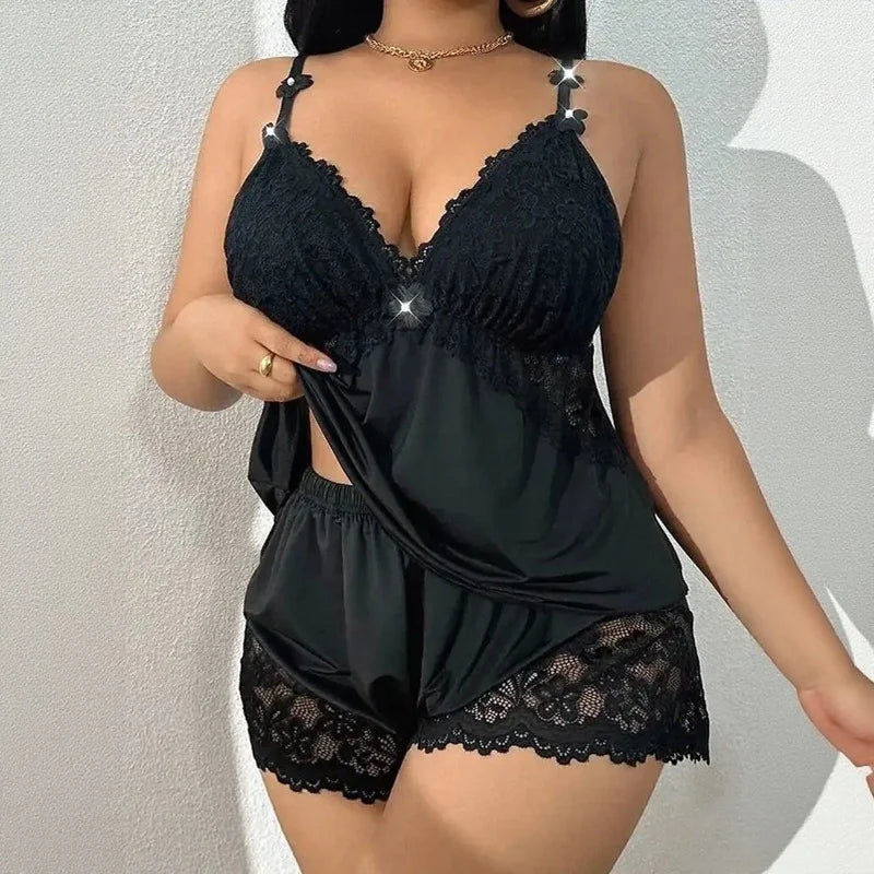 Conjunto de Lingerie Feminina Plus Size Sexy de Seda Gelada com Decote em V e Re