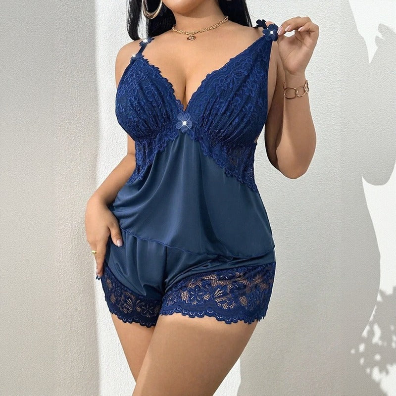 Conjunto de Lingerie Feminina Plus Size Sexy de Seda Gelada com Decote em V e Re