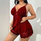 Conjunto de Lingerie Feminina Plus Size Sexy de Seda Gelada com Decote em V e Re